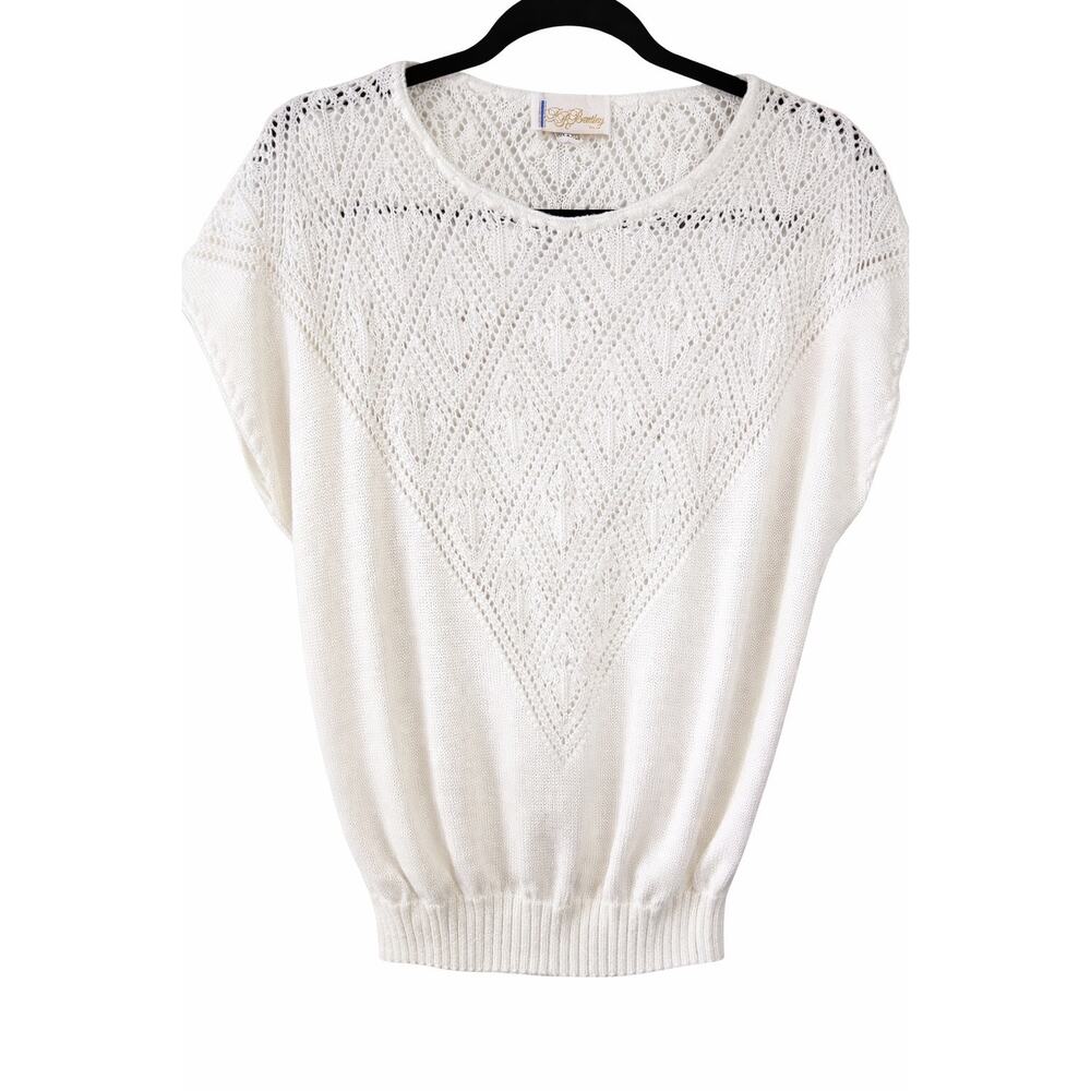 VTG T.R. Bentley Ivory Pointelle Cap Sleeve Knit Top Medium Boho Cottagecore USA